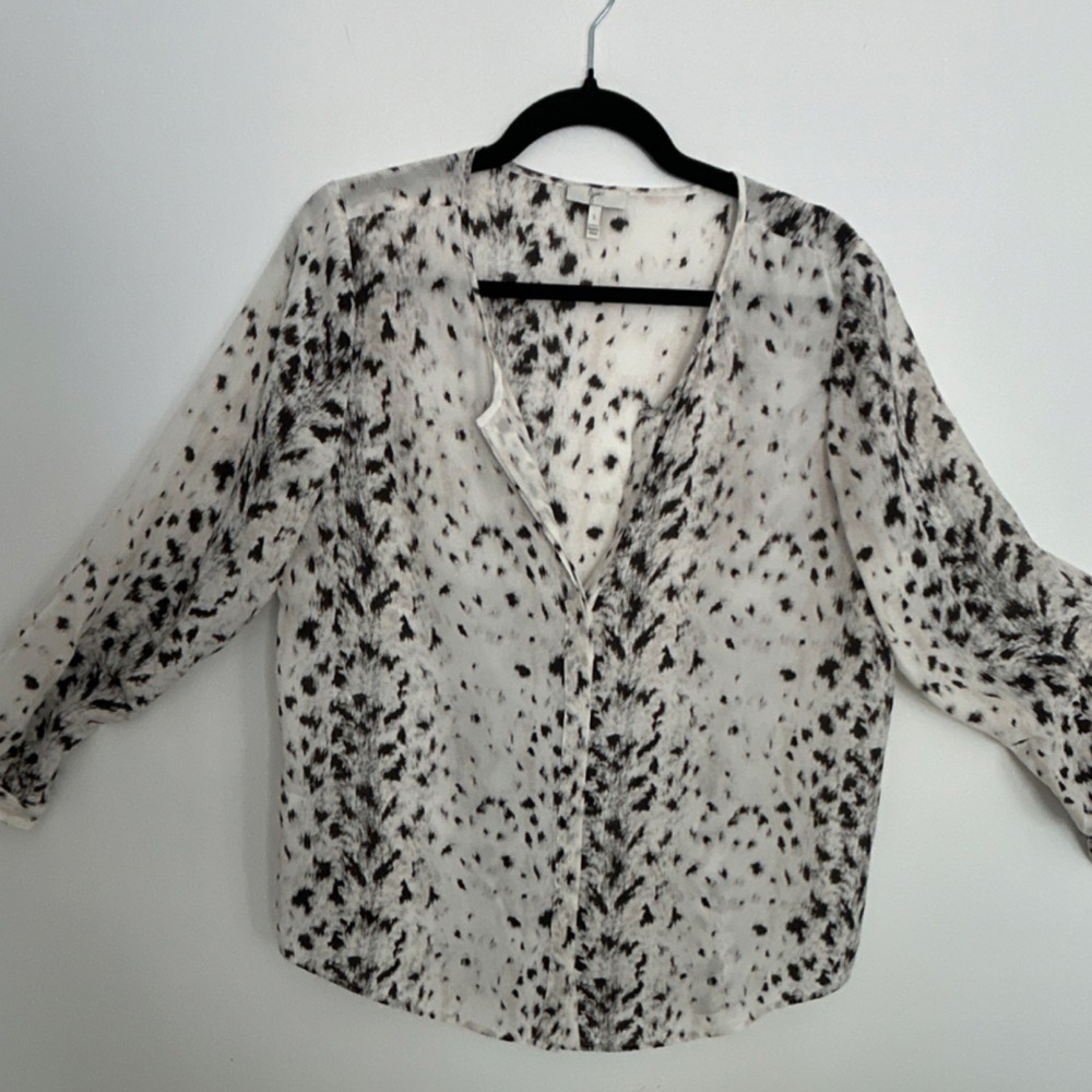 Joie Animal Print V-Neck Long Sleeve Blouse White Black Women's Size L